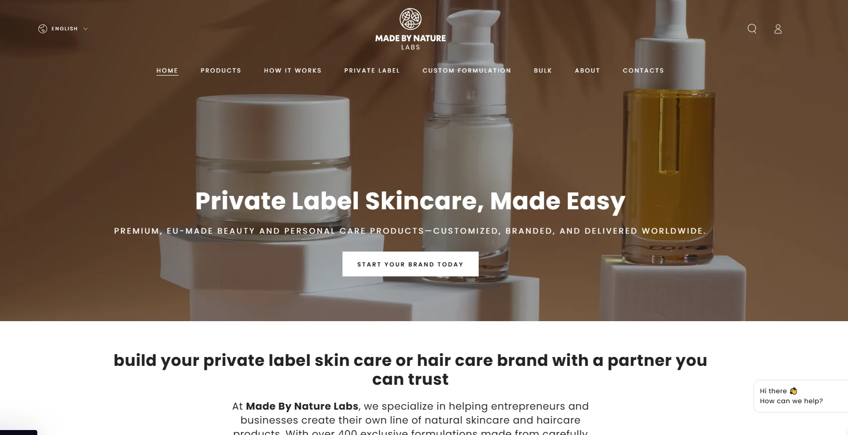 Made By Nature Labs website offering private label skincare solutions with customizable, branded products.